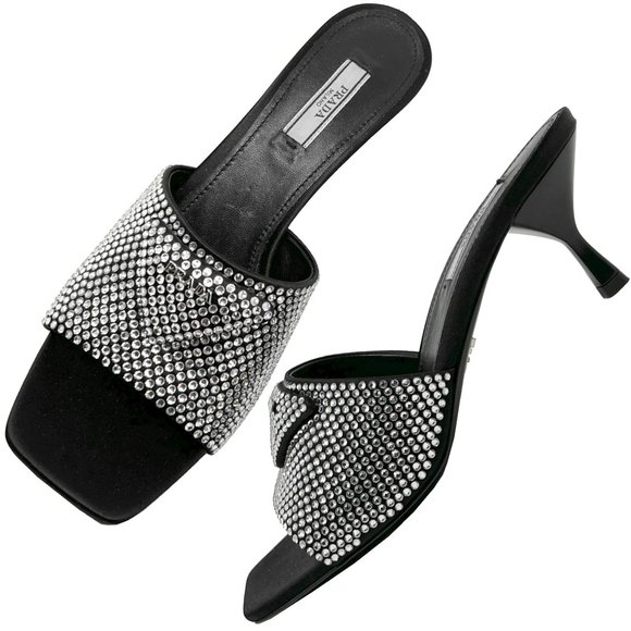 Prada Shoes - Prada Black Satin Crystal Studded Triangle Logo Slip On Sandal Mules Heels